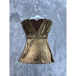 La Khaki‎ Metallic Gold Ruched V Neck Cap Sleeve Top Mens Size S